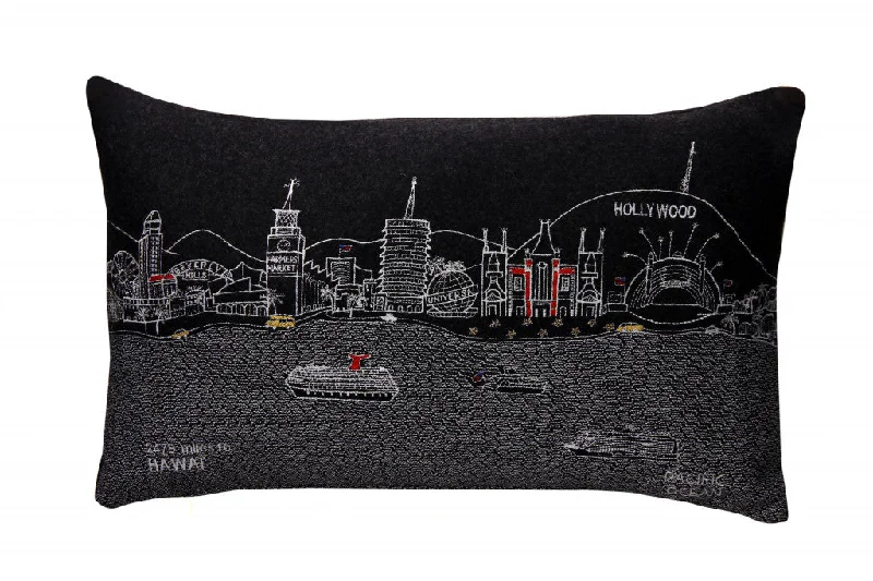 How pillows relieve shoulder pressure-25" Black Los Angeles Nighttime Skyline Lumbar Decorative Pillow