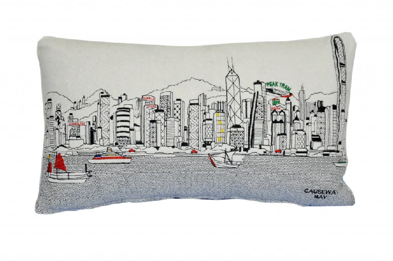 How to remove latex pillow odor-25" White Hong Kong Daylight Skyline Lumbar Decorative Pillow