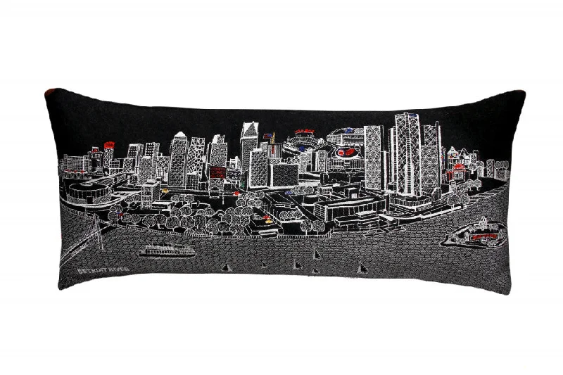 How pillows reduce neck fatigue-35" Black Detroit Nighttime Skyline Lumbar Decorative Pillow