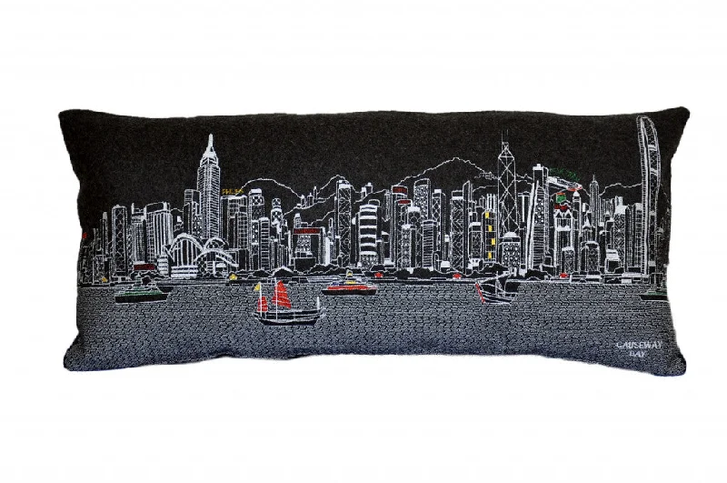 How to pick a cooling pregnancy pillow-35" Black Hong Kong Nighttime Skyline Lumbar Decorative Pillow