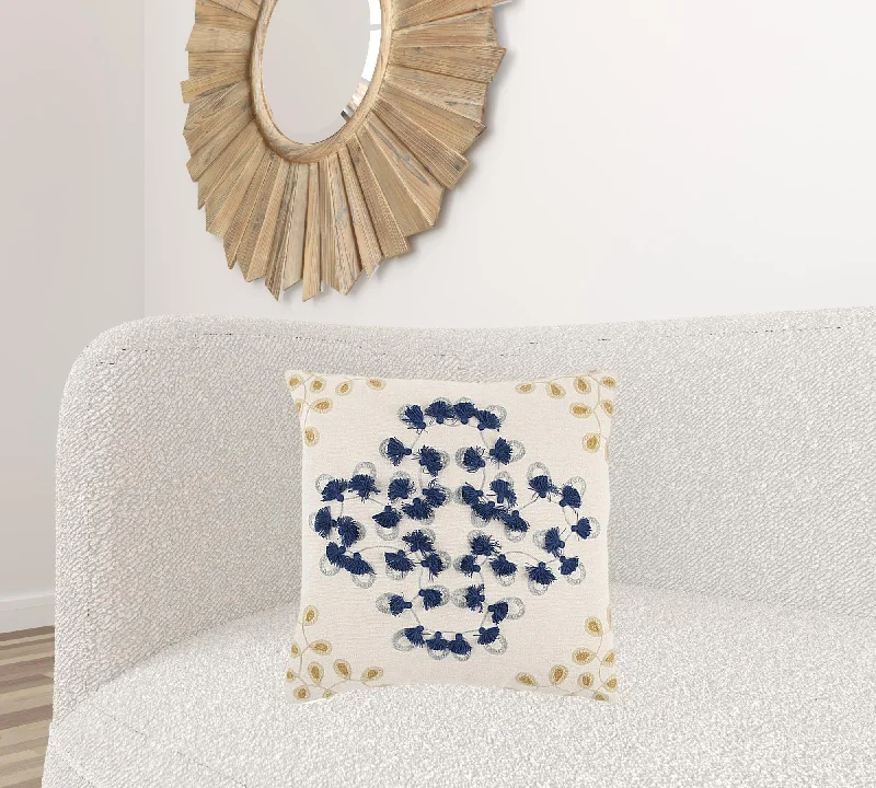 Pillow height and cervical comfort-Ivory Navy Embroidered Tassel Throw Pillow