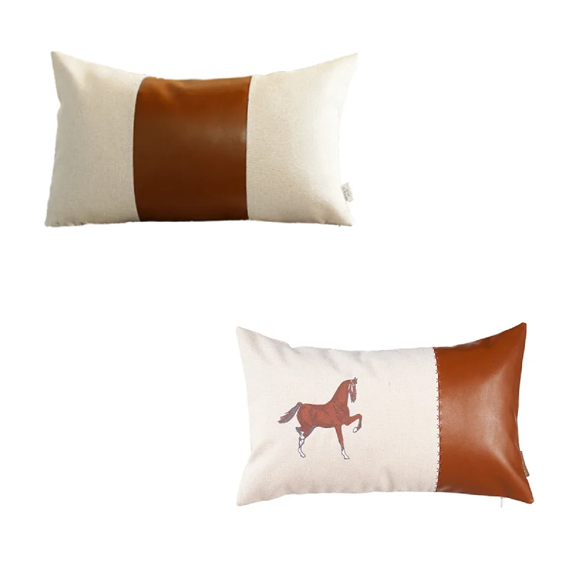 How to choose a memory pillow for kids-Set Of Two 20" X 12" Beige And Brown Horse Faux Leather Zippered Pillow With Embroidery