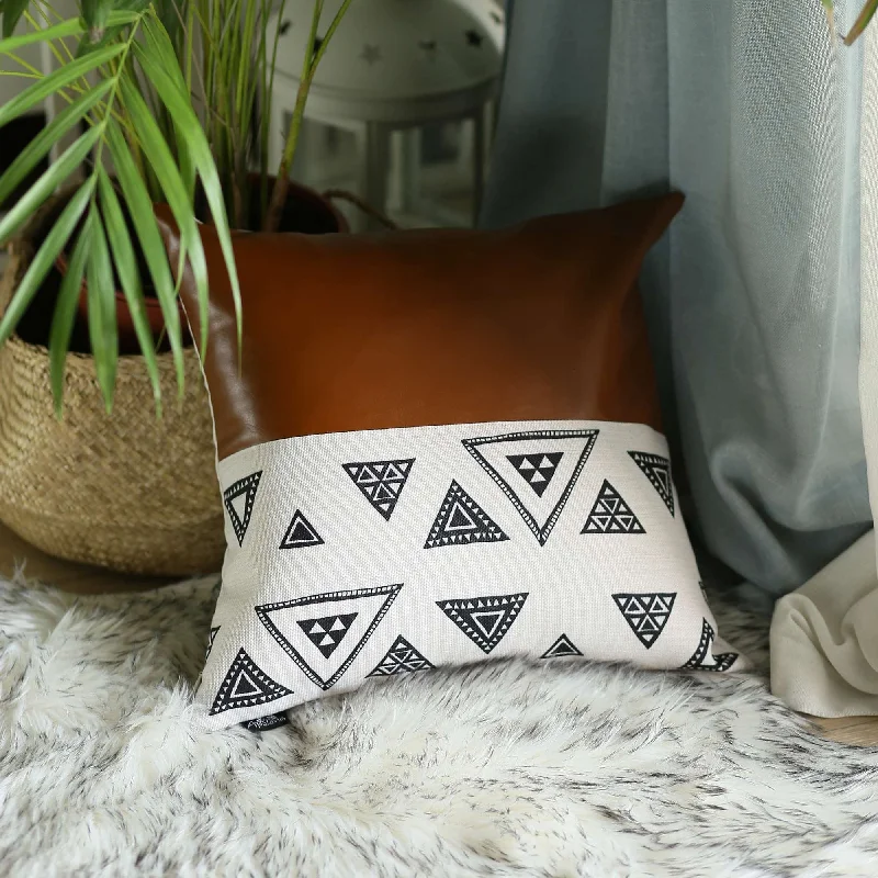 Best material for pillowcases-Triangular Motifs and Brown Faux Leather Throw Pillow