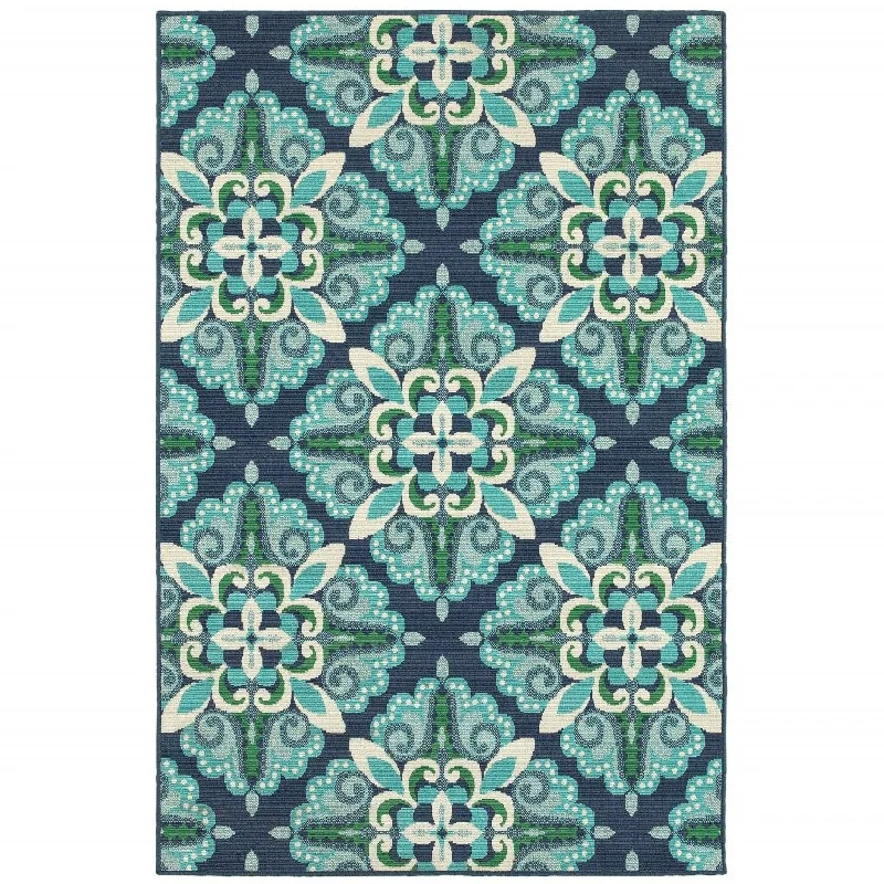 carpet for home entryway accent-2' X 3' Floral Indoor Outdoor Area Rug - Blue