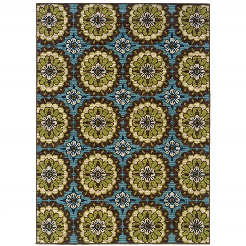 carpet with hypoallergenic features-2' X 4' Floral Stain Resistant Indoor & Outdoor Area Rug - Blue / Green