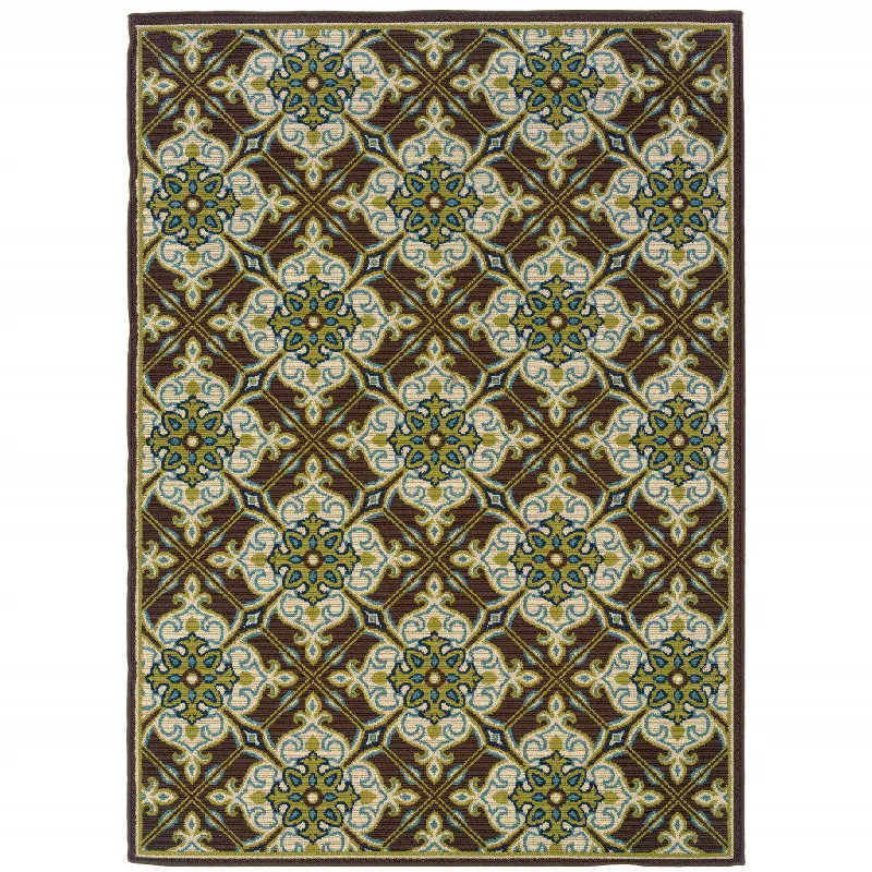 carpet for blending with stylish interiors-2' X 4' Floral Stain Resistant Indoor / Outdoor Area Rug - Brown / Ivory