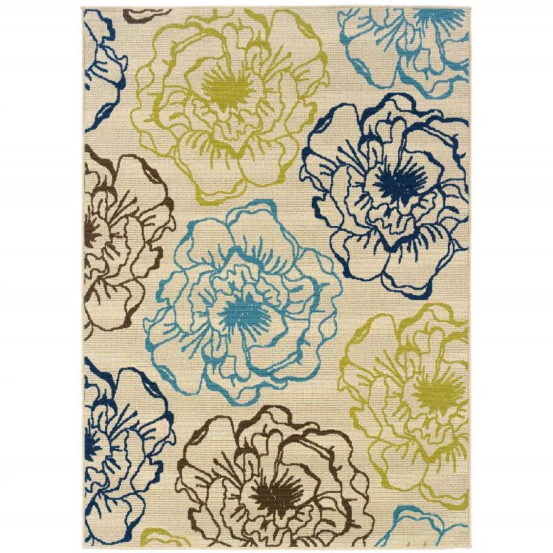 carpet for modern yet timeless appeal-2' X 4' Floral Stain Resistant Indoor / Outdoor Area Rug - Green / Ivory