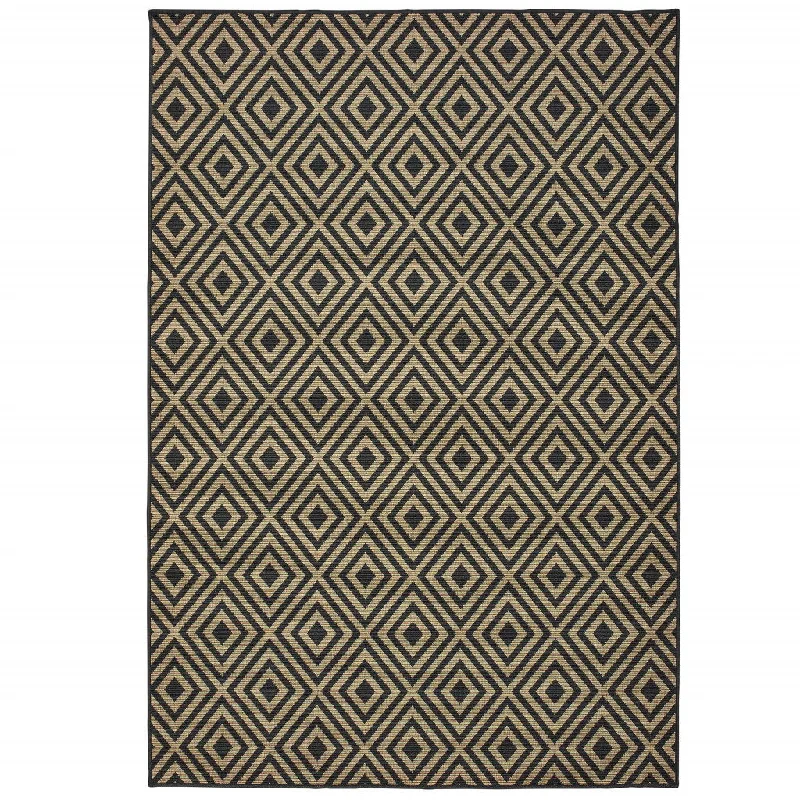 carpet with natural fiber design-2' X 4' Geometric Stain Resistant Indoor / Outdoor Area Rug - Black / Tan