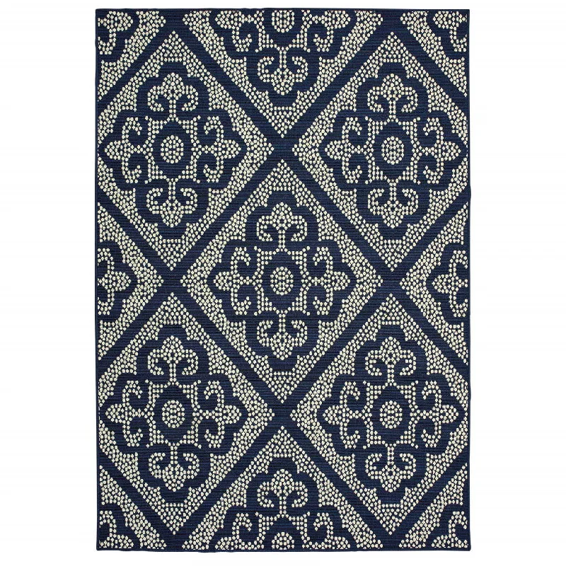 carpet for home office organization-2' X 4' Geometric Stain Resistant Indoor / Outdoor Area Rug - Blue / Ivory