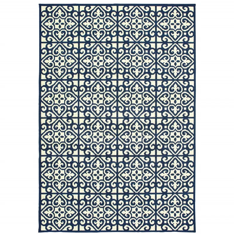 carpet for multi-functional home spaces-2' X 4' Geometric Stain Resistant Indoor / Outdoor Area Rug - Ivory / Blue