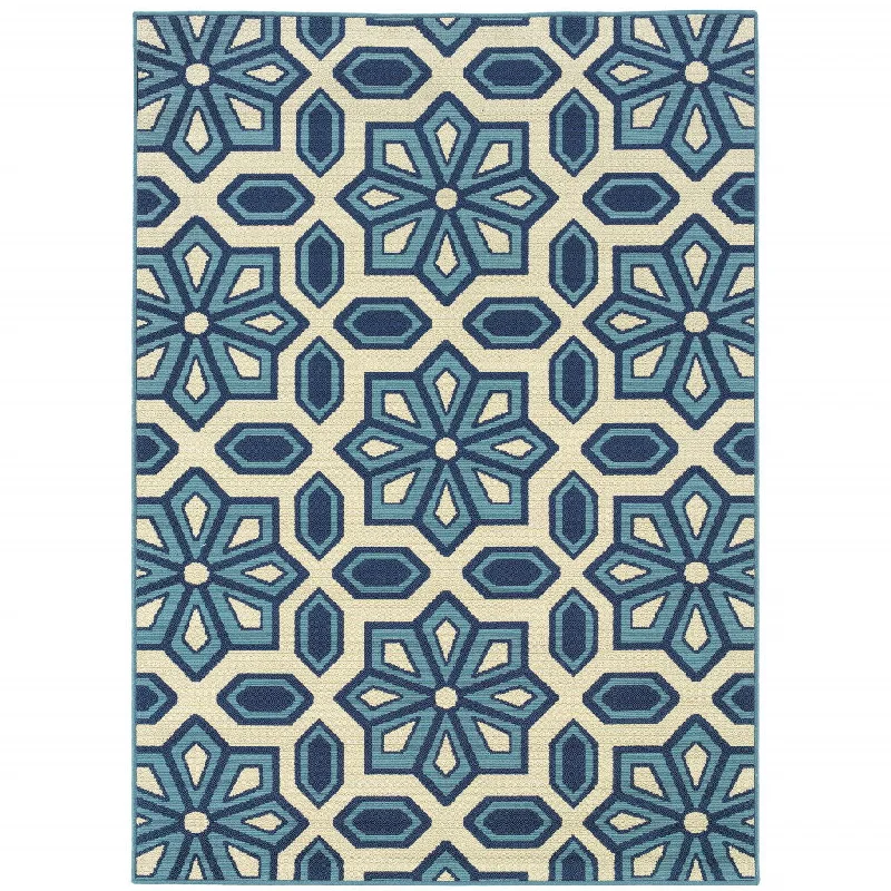 carpet for adding a pop of color-2' X 4' Geometric Stain Resistant Outdoor / Indoor Area Rug - Ivory / Blue