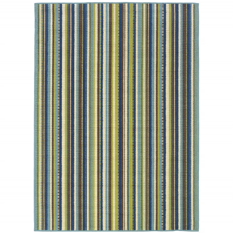 carpet with plush underfoot feel-2' X 4' Striped Stain Resistant Indoor / Outdoor Area Rug - Blue / Green