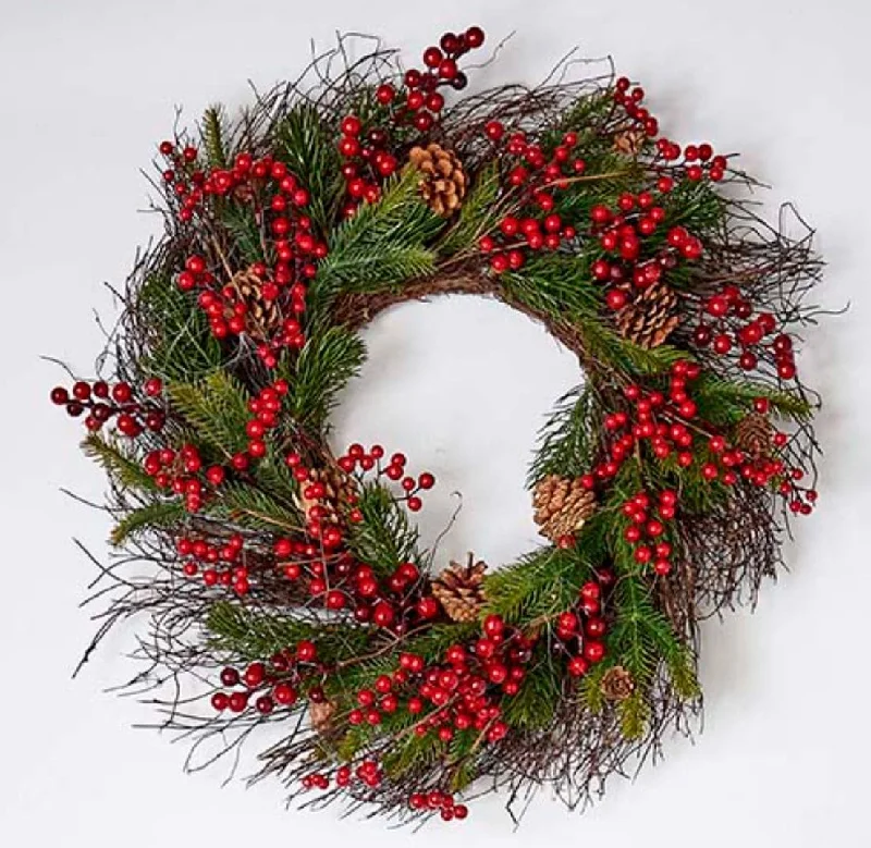 carpet for an urban and contemporary home-Large Artificial Mixed Pine Berry Cone Wreath - 25" Dia