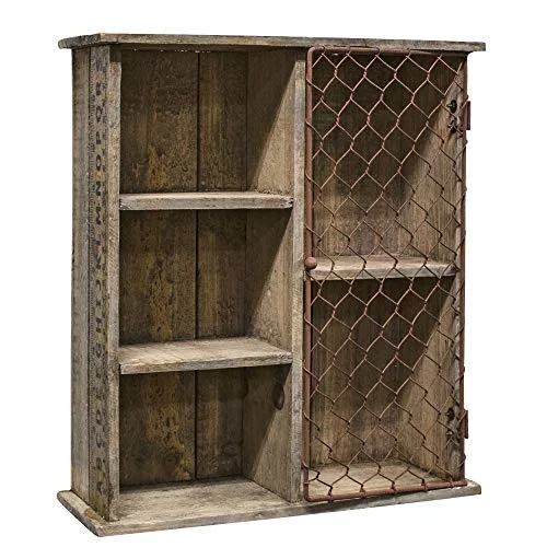 carpet for a timeless and elegant home-Aged Wood Shelf with Cubbies - Chicken Wire, Ruler Accents - Primitive Country Rustic Display Decor