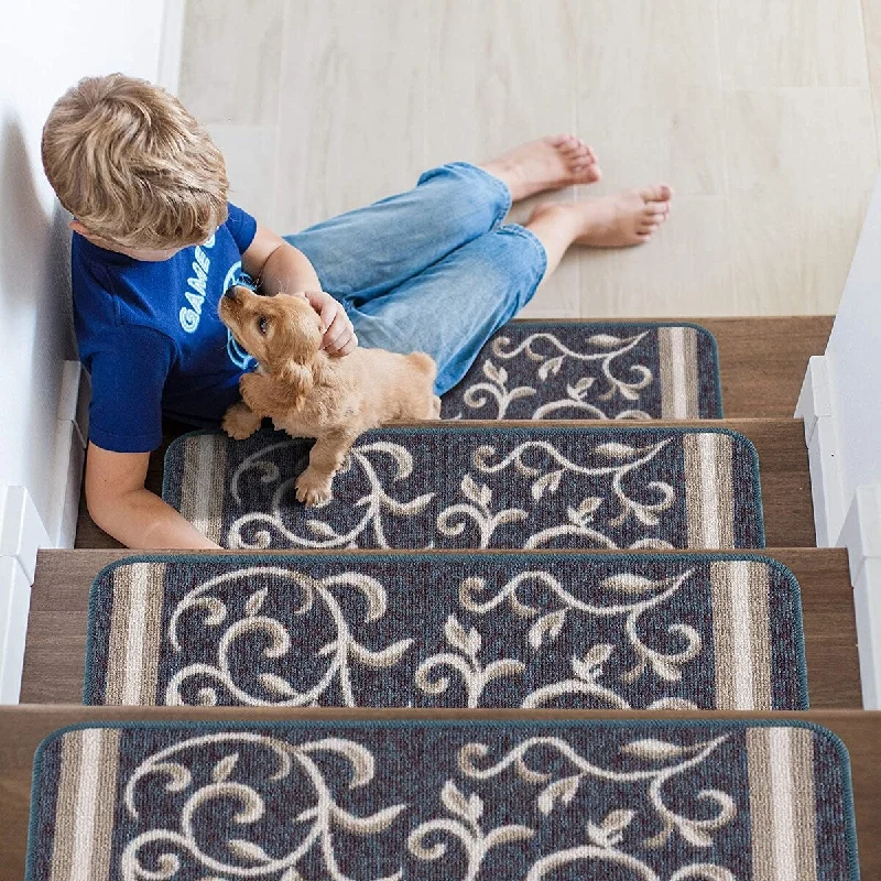 carpet with stain-resistant coating-Beverly Rug Indoor Non Slip Carpet Stair Treads 8.5"x 26" Floral Blue