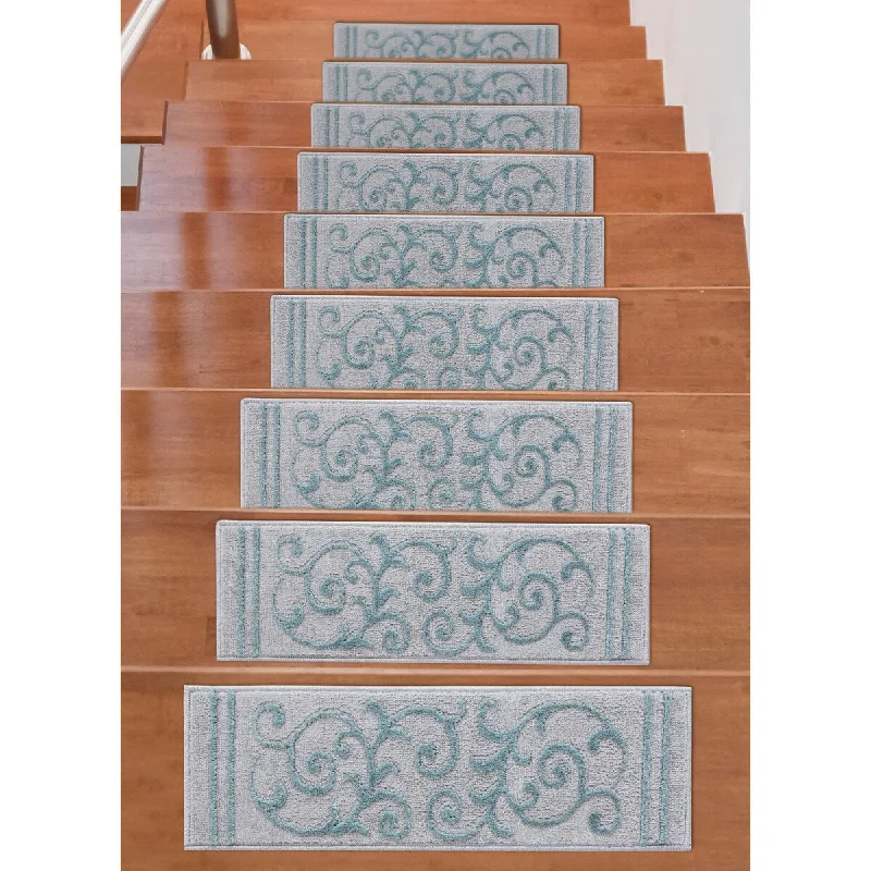 carpet for personalizing home decor-Beverly Rug Indoor Non Slip Carpet Stair Treads w/ Installed Tape 9"x 28" Trellis Grey / Teal