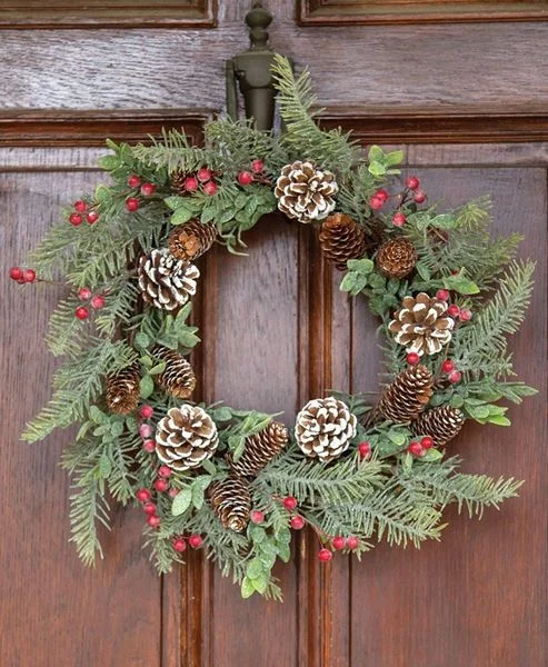 carpet for a clean, polished look-Christmas Wreath For Front Door: Icy Pine, Boxwood, Red Berry & Pinecone Wreath