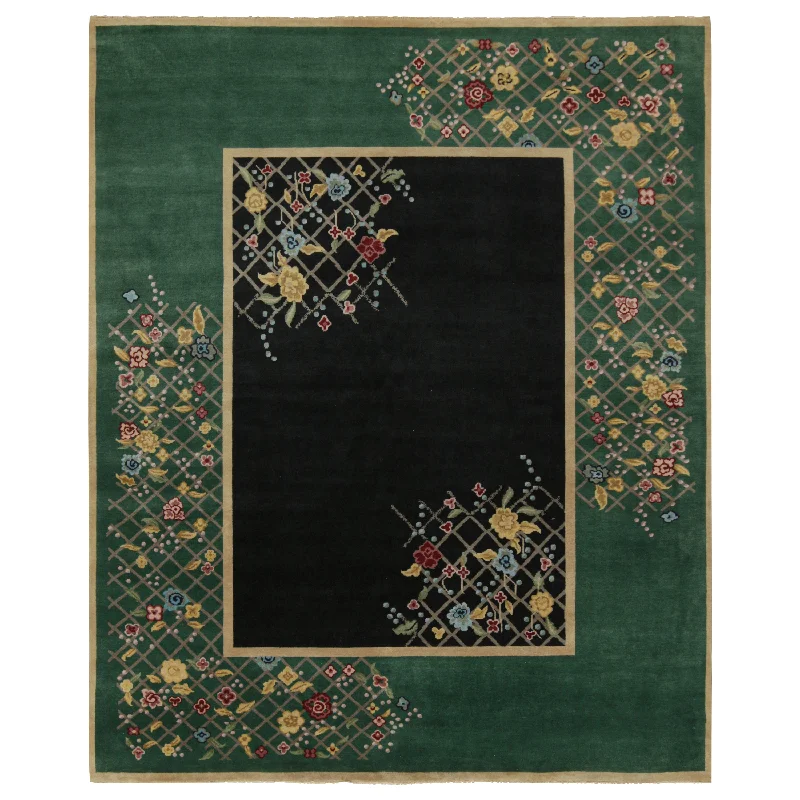 carpet for transforming office spaces-Green & Black Art Deco Wool Cotton Blend Rug - 8'2" x 9'10"