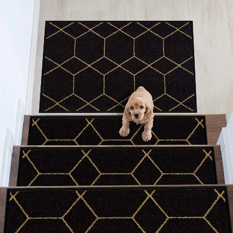 carpet with classic neutral colors-Stair Treads Hexagon Design Washable Non Slip Backing, 8.5''X26''