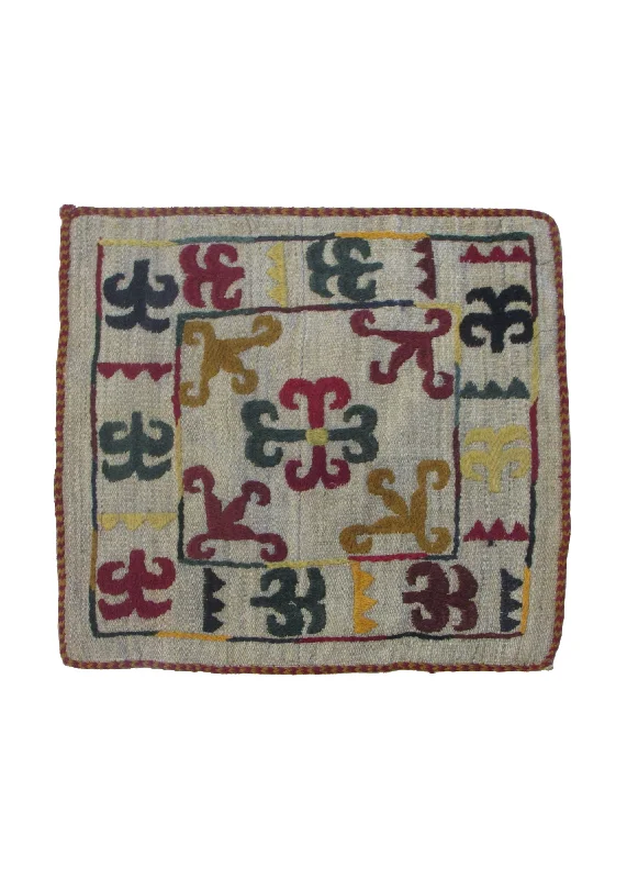 Support design of cervical pillows-Oriental Rug Pakistani Handmade Pillow Tribal 1'7"x1'7" (2x2) Whites/Beige Multi-color Suzani Geometric Design #A30250