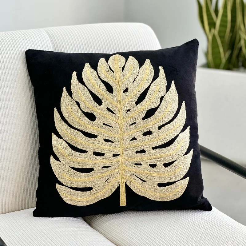 Best pregnancy waist and body pillows-Embroidered Golden Leaf Black Pillow