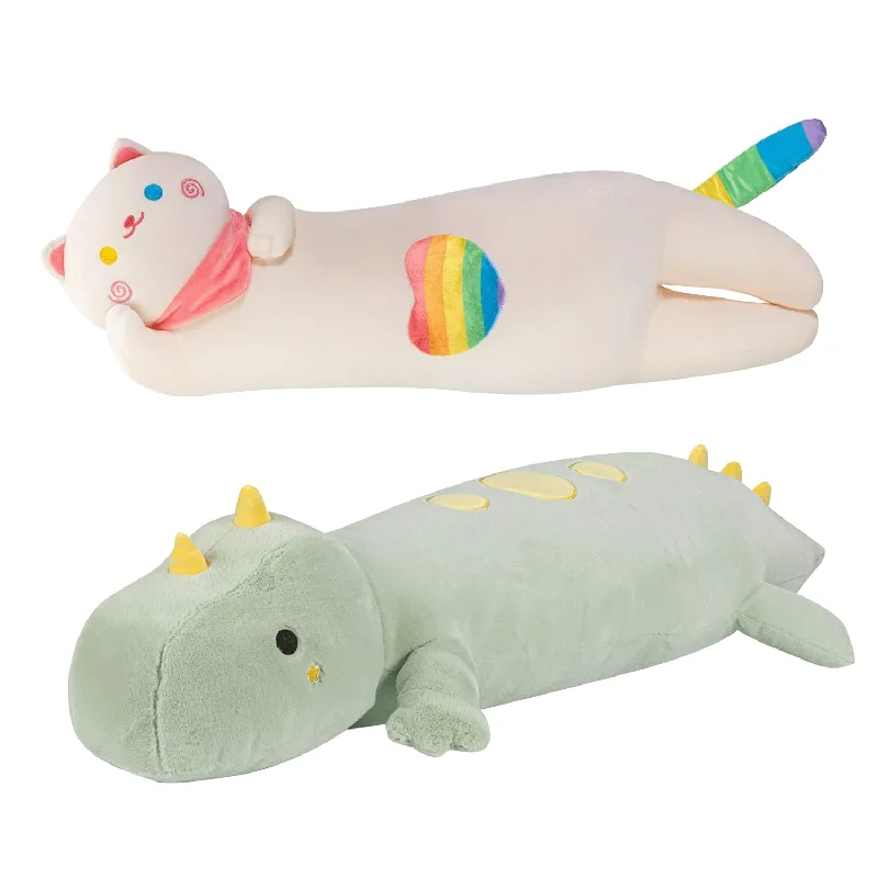 How to choose a breathable baby pillow-2 Pcs Plush Pillows, 25 Inch Rainbow Cat Plush Pillow + 28 Inch Green Dinosaur