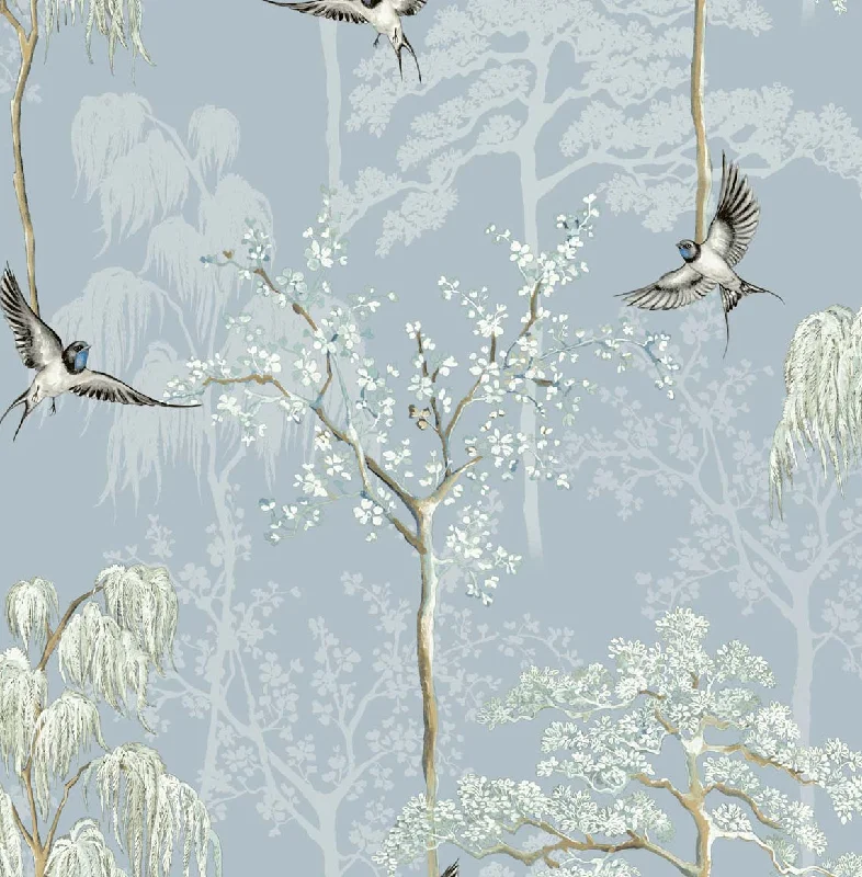 Wallpaper layout design tutorial-Bird Garden Wallpaper in Light Blue