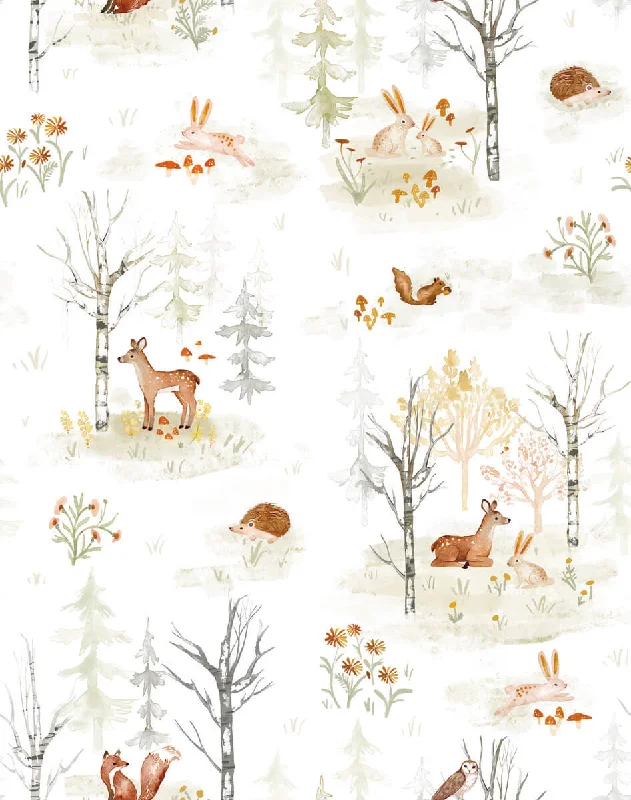 Minimal line art wallpaper-Clara Jean Woodland Scene Wallpaper in Neutral