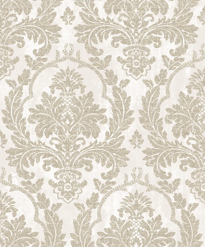 Cute rabbit wallpaper free-Damasco Platino Cream/Brown Wallpaper from Cottage Chic Collection