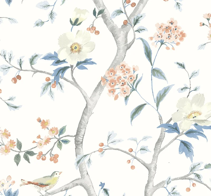 Black white wallpaper free-Floral Trail Peel & Stick Wallpaper in Melon/Carolina Blue