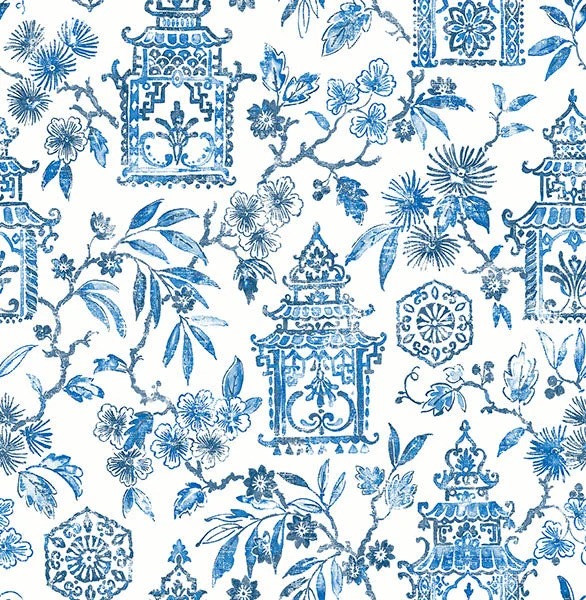 Dreamy forest wallpaper free-Helaine Blue Pagoda Wallpaper from the Happy Collection