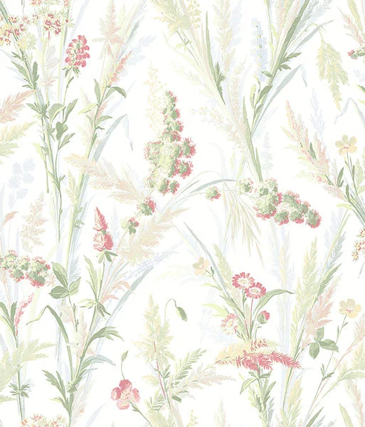 Hand-drawn wallpaper illustration style-Hillaire Green Meadow Wallpaper from the Delphine Collection