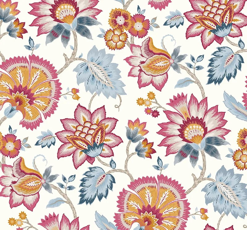 Sci-fi movie wallpaper iconic-Jacobean Blossom Floral Fandango Pink & Bluebird Peel-and-Stick Wallpaper