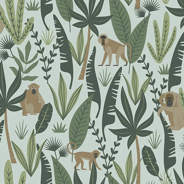 Traditional landscape wallpaper art-Kiki Green Monkeys Wallpaper from the Fable Collection