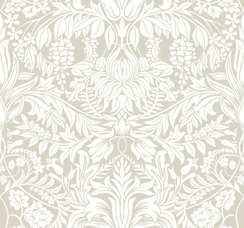 Pastoral countryside wallpaper nature-Lockwood Damask Beige Wallpaper from the Arts and Crafts Collection