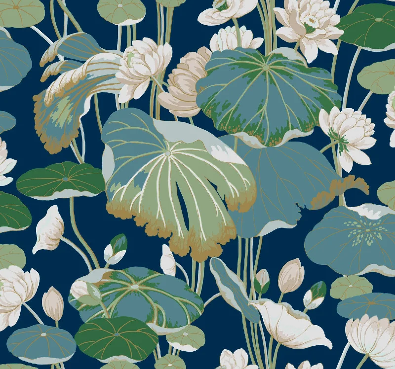 HD wallpaper phone compatible-Lotus Pond Indigo/Gold Wallpaper from the Greenhouse Collection