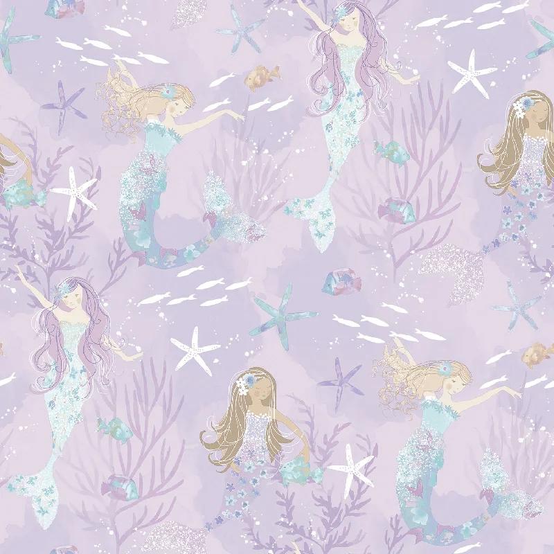 Artistic illustration wallpaper download-Mermaids Purple/Glitter Wallpaper from the Tiny Tots 2 Collection