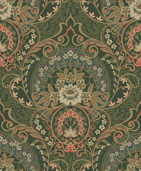 Animated iPhone wallpaper free-Nasrin Dark Green Damask Wallpaper from the Posy Collection