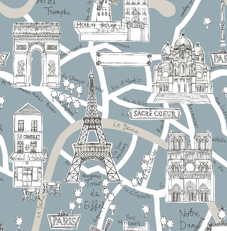 Steampunk creative wallpaper free-Paris Scene Peel-and-Stick Wallpaper in Smokey Blue