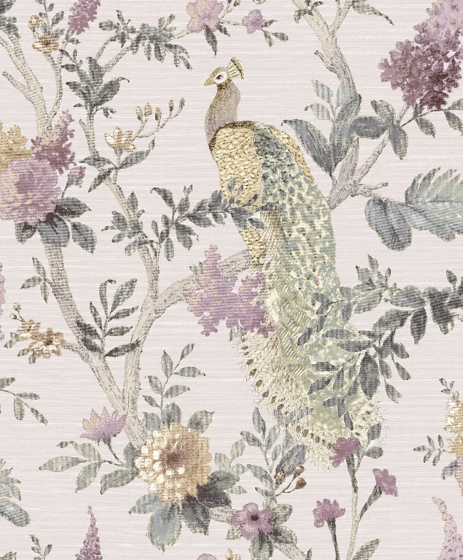 Custom phone wallpaper design-Pavone Platino Grey/Pink Wallpaper from Cottage Chic Collection