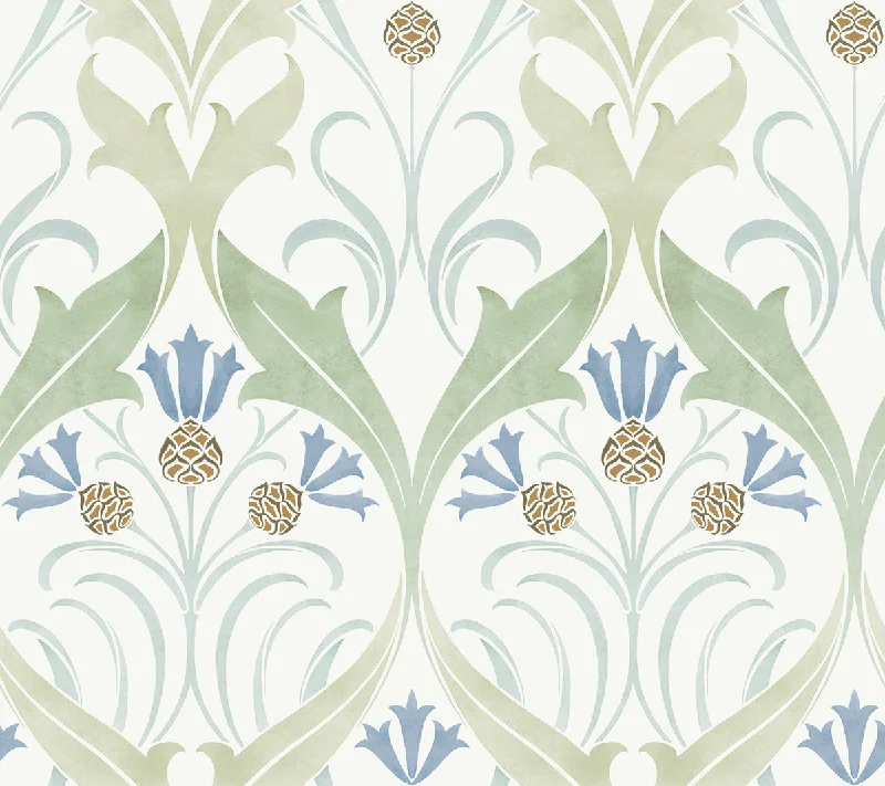 Desert epic scenery wallpaper-Pine Cone Ribbon Green/Blue Wallpaper from the Arts and Crafts Collection