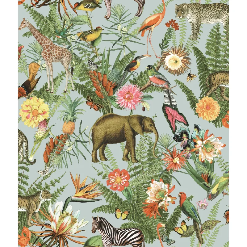 Vintage art wallpaper free-Tropical Zoo Peel & Stick Wallpaper in Green/Blue