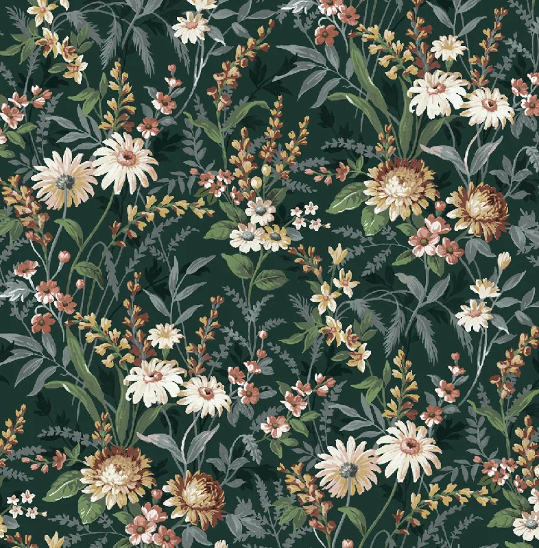 Music album wallpaper creative-Vintage Floral Peel-and-Stick Wallpaper in Forest Green