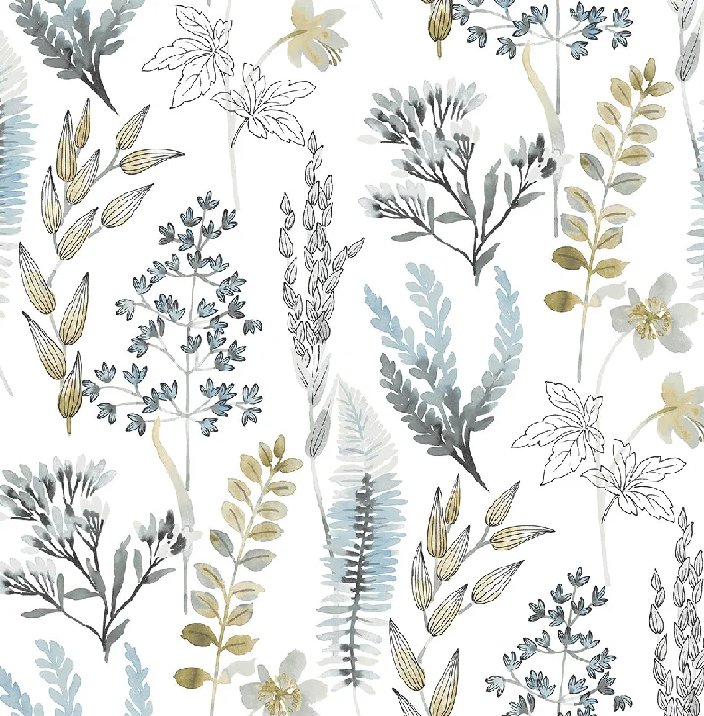 Fresh tropical vibe wallpaper-Wild Garden Peel-and-Stick Wallpaper in Glacier Blue & Matte Brass