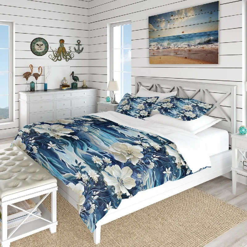 bed with built-in drawer storage-Designart "Oceanic Dreamscape Tropical Pattern IV" White Floral Bedding Cover Set With 2 Shams