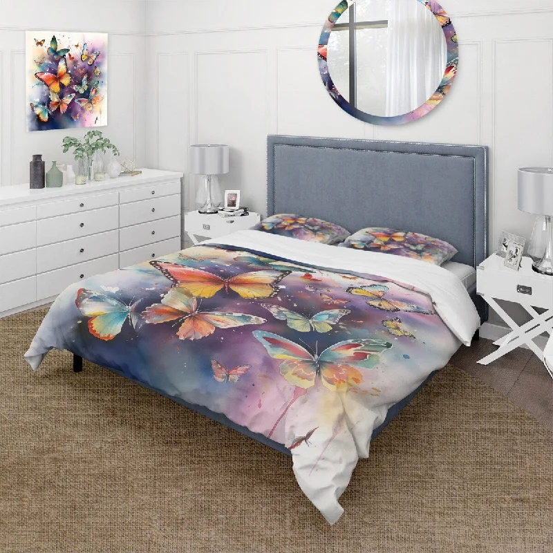 floating platform bed for modern decor-Designart "Purple Butterflies In The Air" Purple Children's Art - Bedding Cover Set With Shams