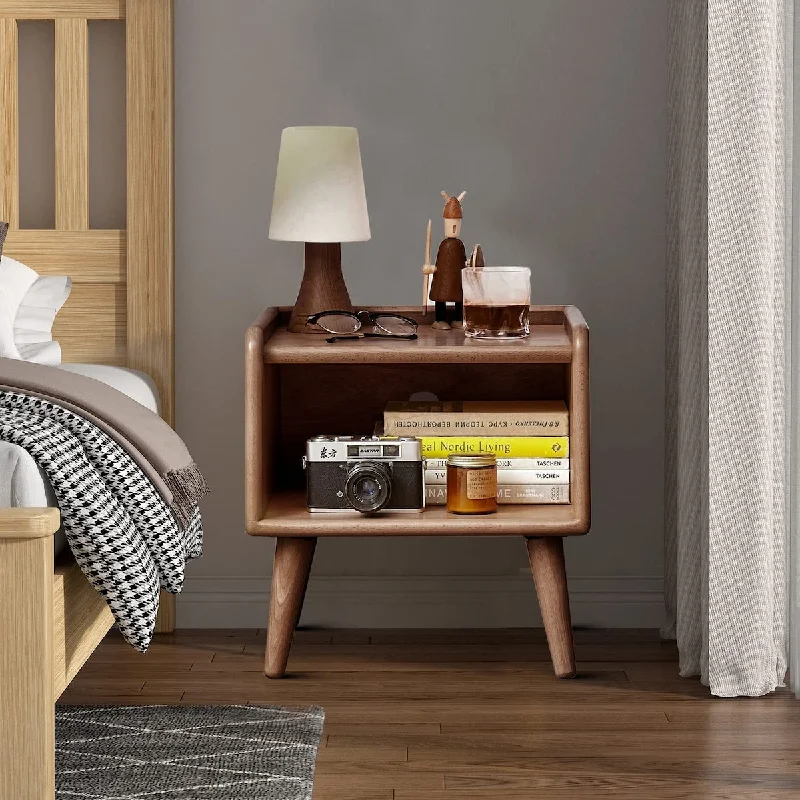 space-efficient bed for urban apartments-Elegant Wood Grain Beech Nightstand with Open Compartment & Cable Management, for Bedroom Use