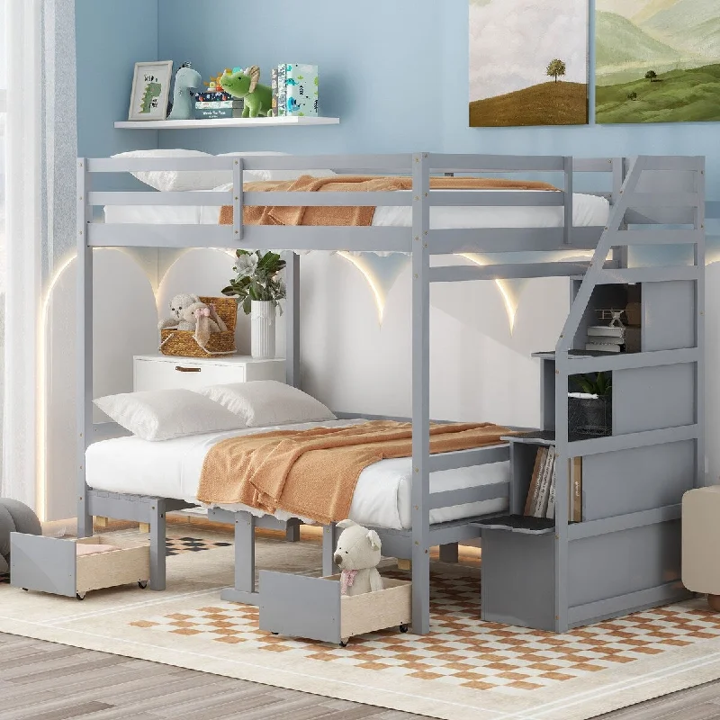 luxurious bed with high-thread-count sheets-Full over Full Bunk Down Bed Can be Convertible Seats and Table Set