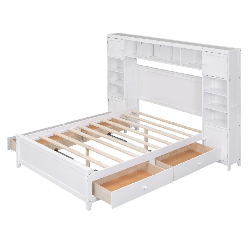 extra-wide bed for large families-Full Wooden Storage Bed with All-in-One Cabinet and Shelf, Light Gray