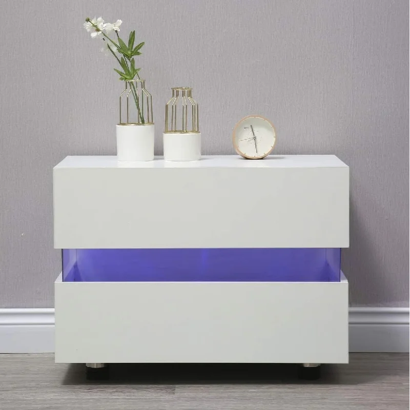 bed with spring-loaded slats for extra comfort-LED Nightstand Bedside Night Stand Table Nightstand 2 Drawers Modern High Gloss Night Stand Cabinet for Bedroom Home Decor